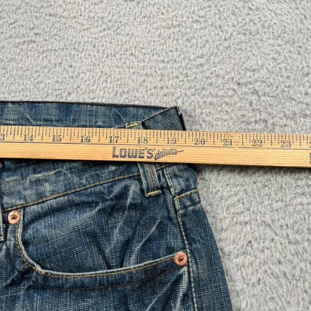 True Religion Logan Jeans Men 38 Blue Button Fly Distressed Split Hem‎ Whiskers
